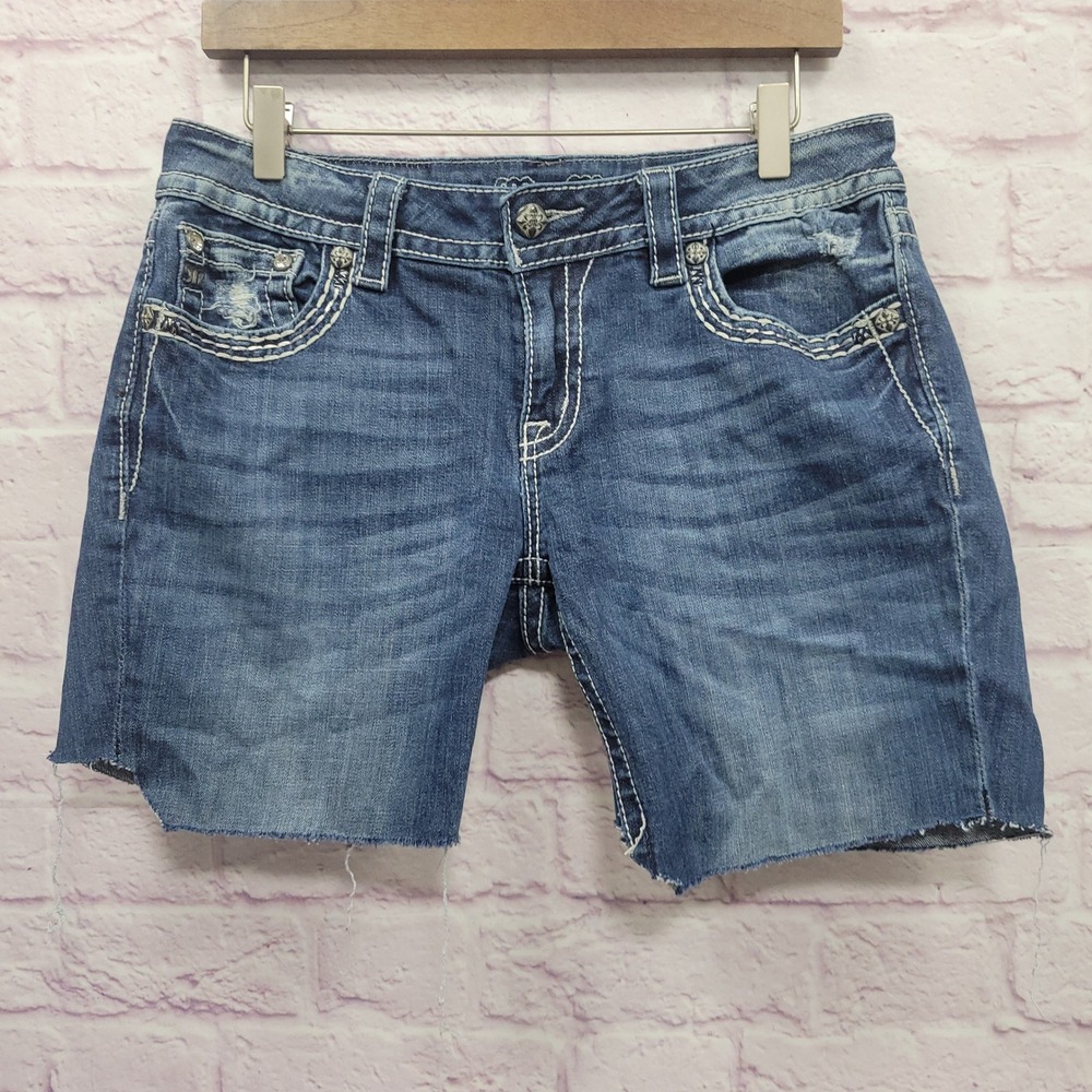 Miss Me Angel Wing Denim Cutoff Jean Shorts Size 31 Distressed Rhinestone Y2K